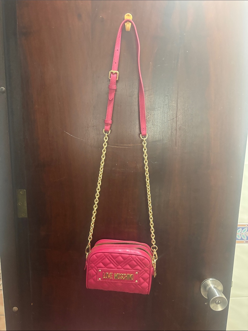 Love Moschino Hot Pink Quilted Crossbody with Gold Chain